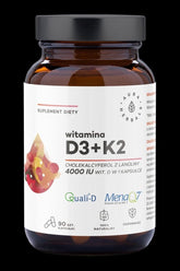 Aura Herbals Vitamin D3 K2 supplement bottle, 4000 IU, 90 capsules for healthy bones and immune support.